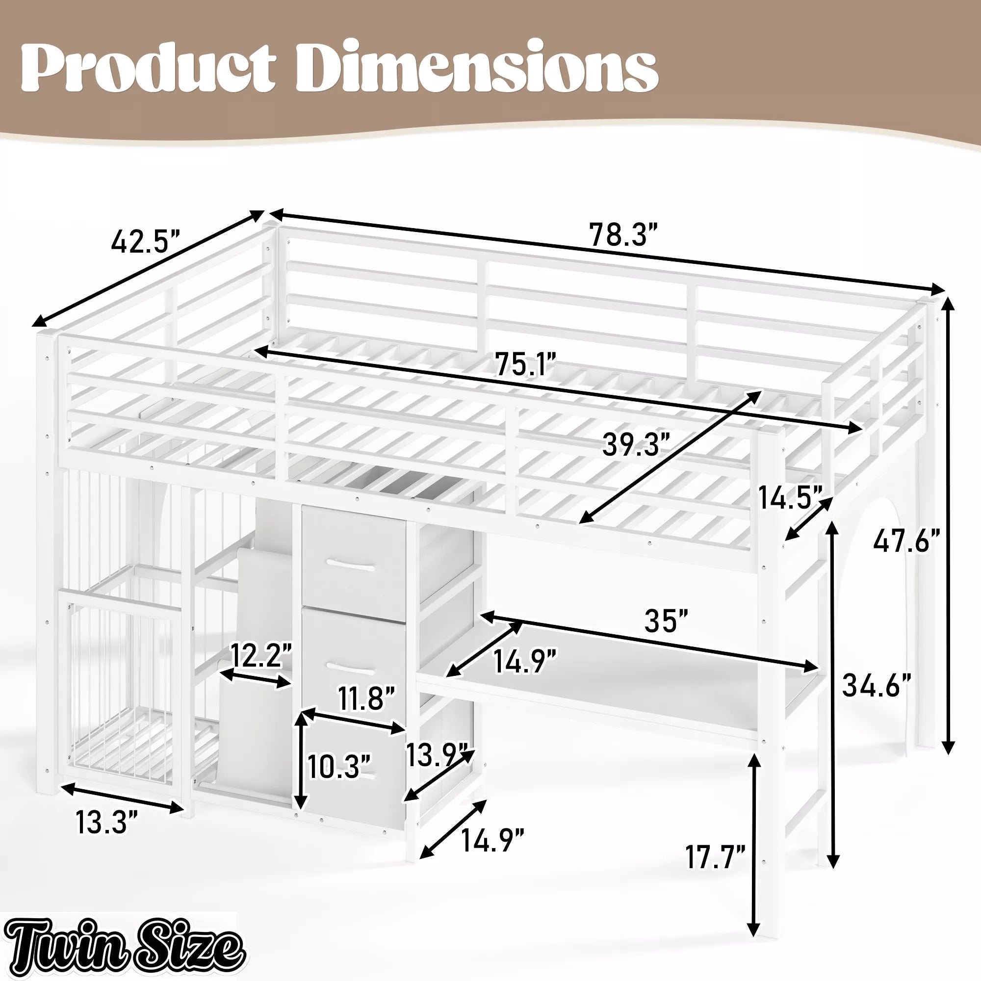 twin low loft bed dimensions and product size
