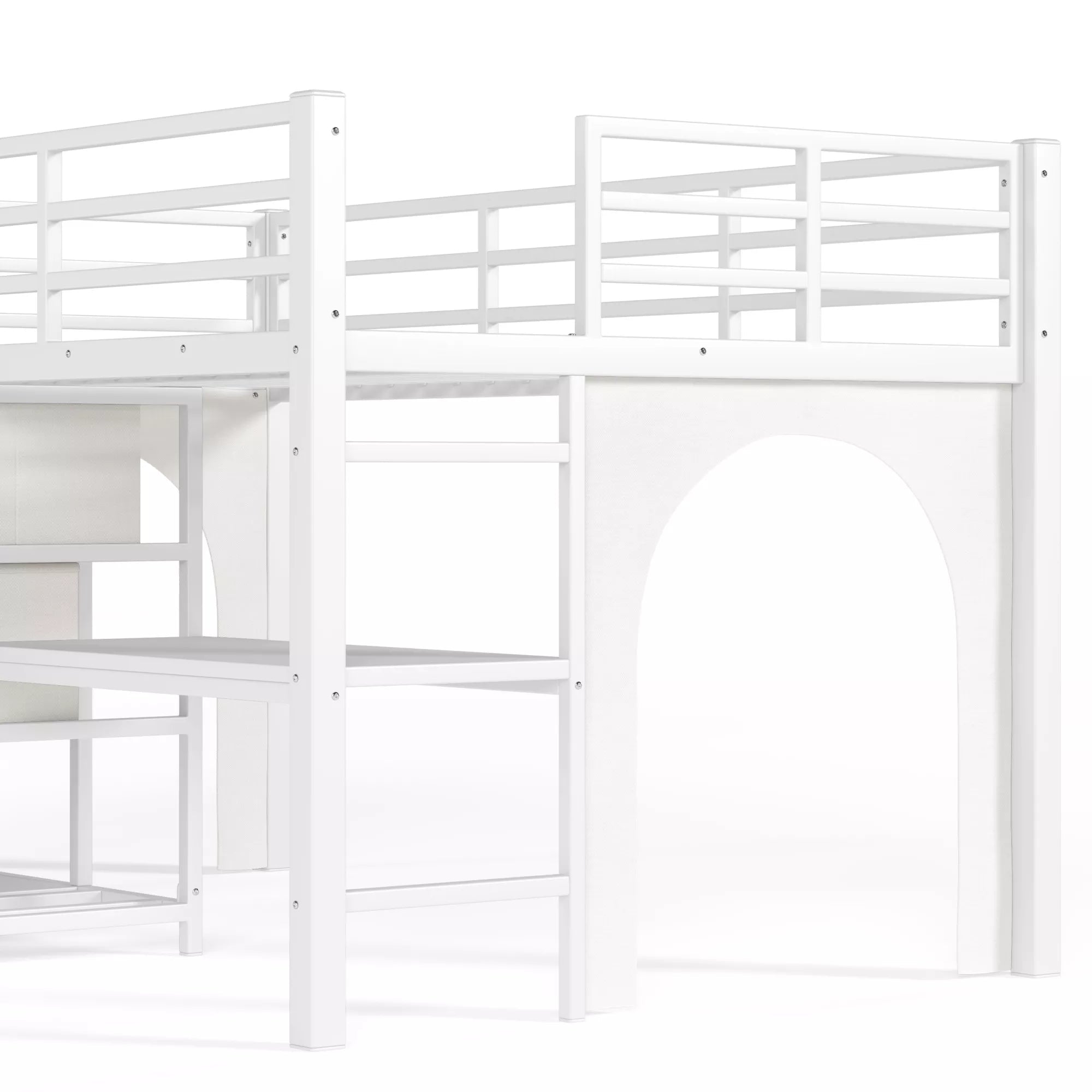 twin loft bed with desk and organized storage space
