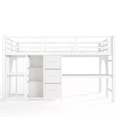 twin low loft bed frame with built in desk and storage shelves