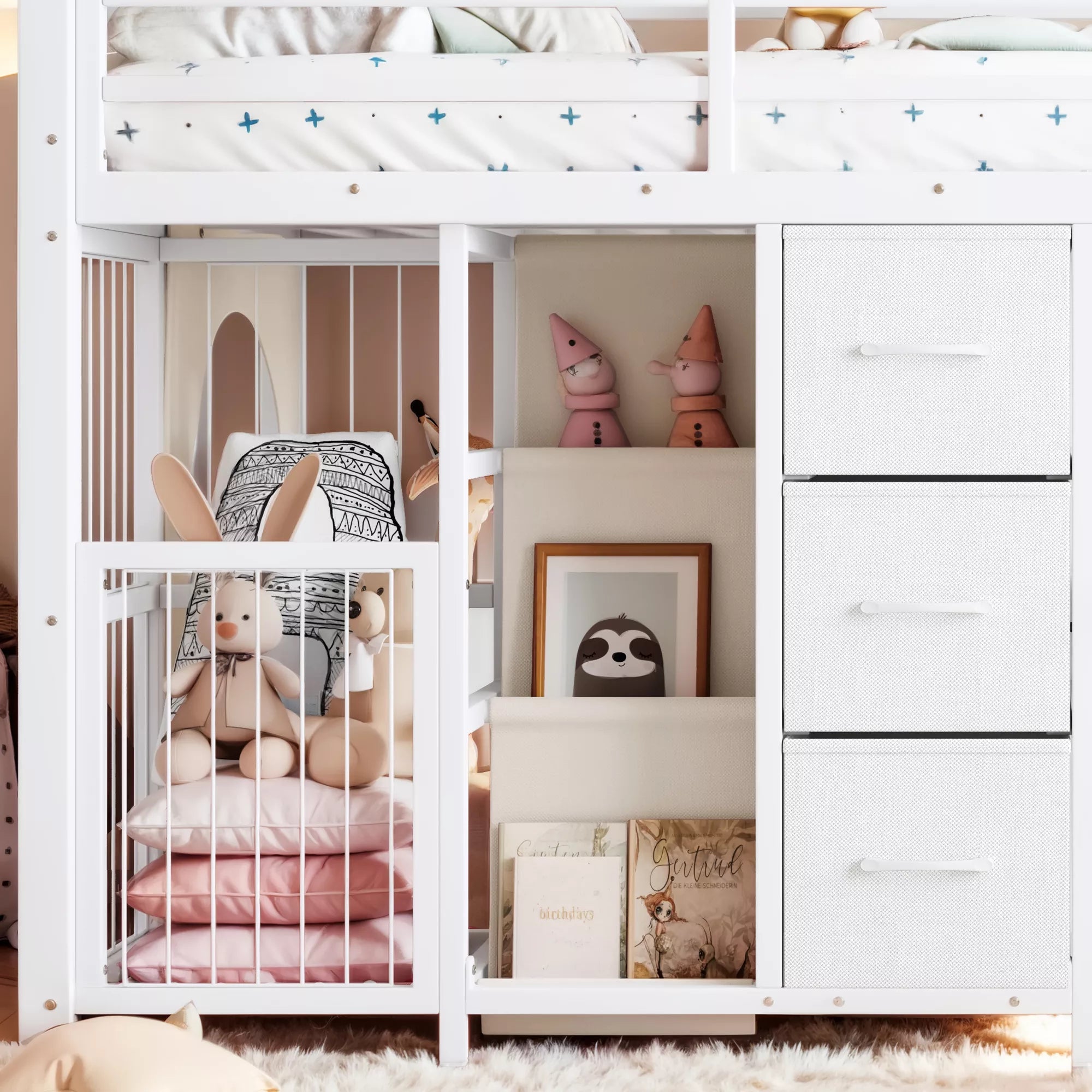 kids low loft bed with desk bookshelf and storage drawer