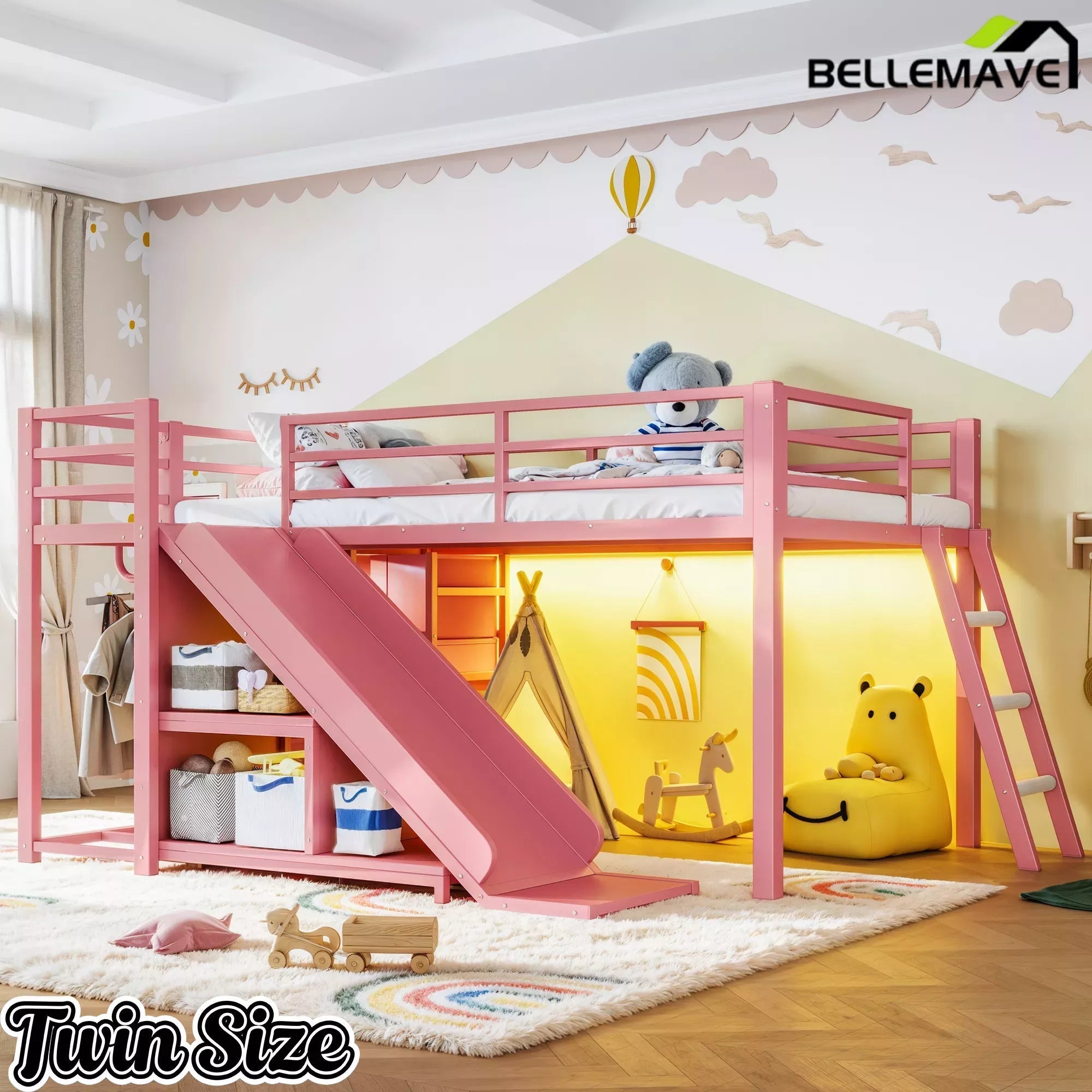 Bellemave® Twin Metal Loft Bed with Slide, 7 Drawers & LED Lights — Storage Shelves & Hanging Area for Kids - Bellemave
