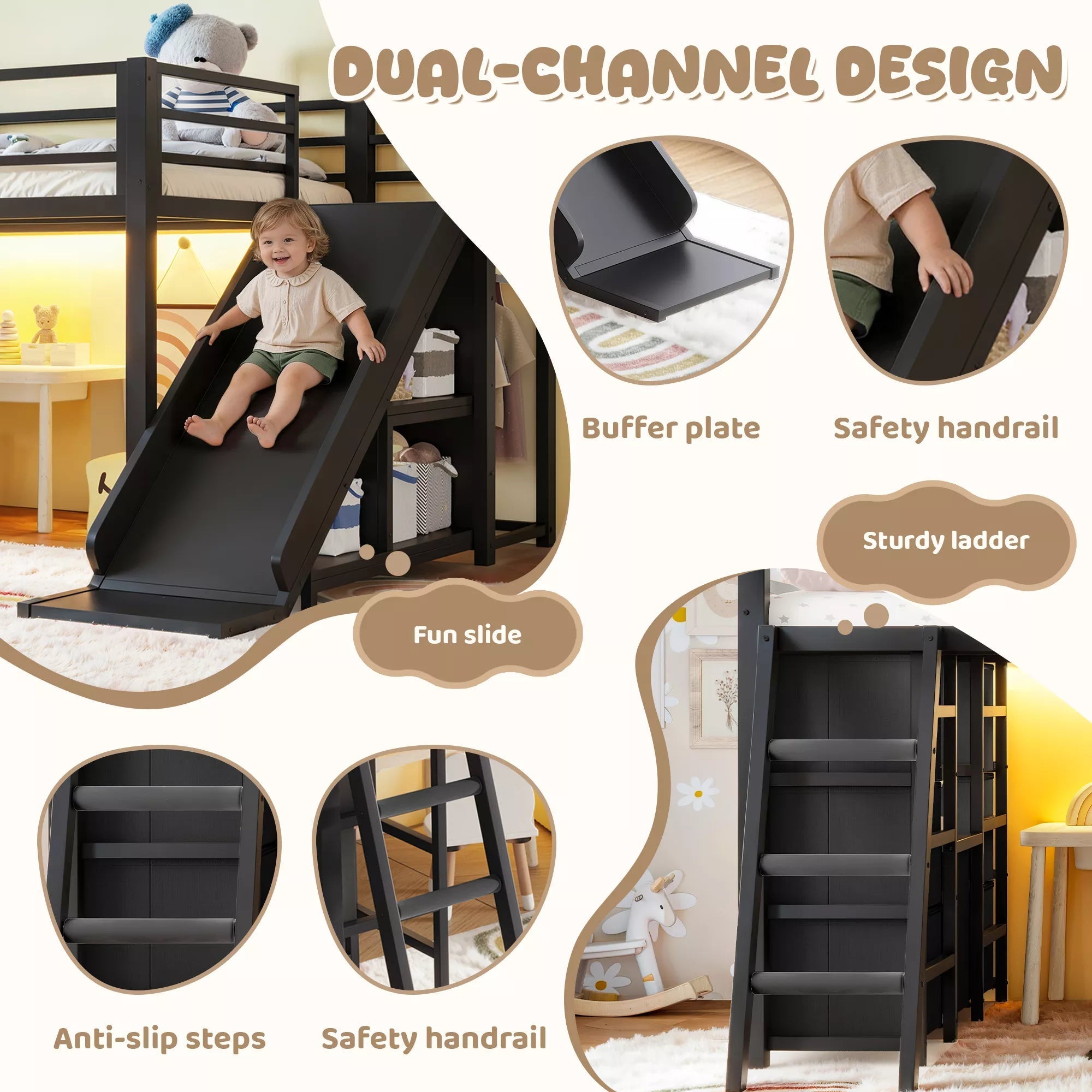 Bellemave® Twin Metal Loft Bed with Slide, 7 Drawers & LED Lights — Storage Shelves & Hanging Area for Kids - Bellemave
