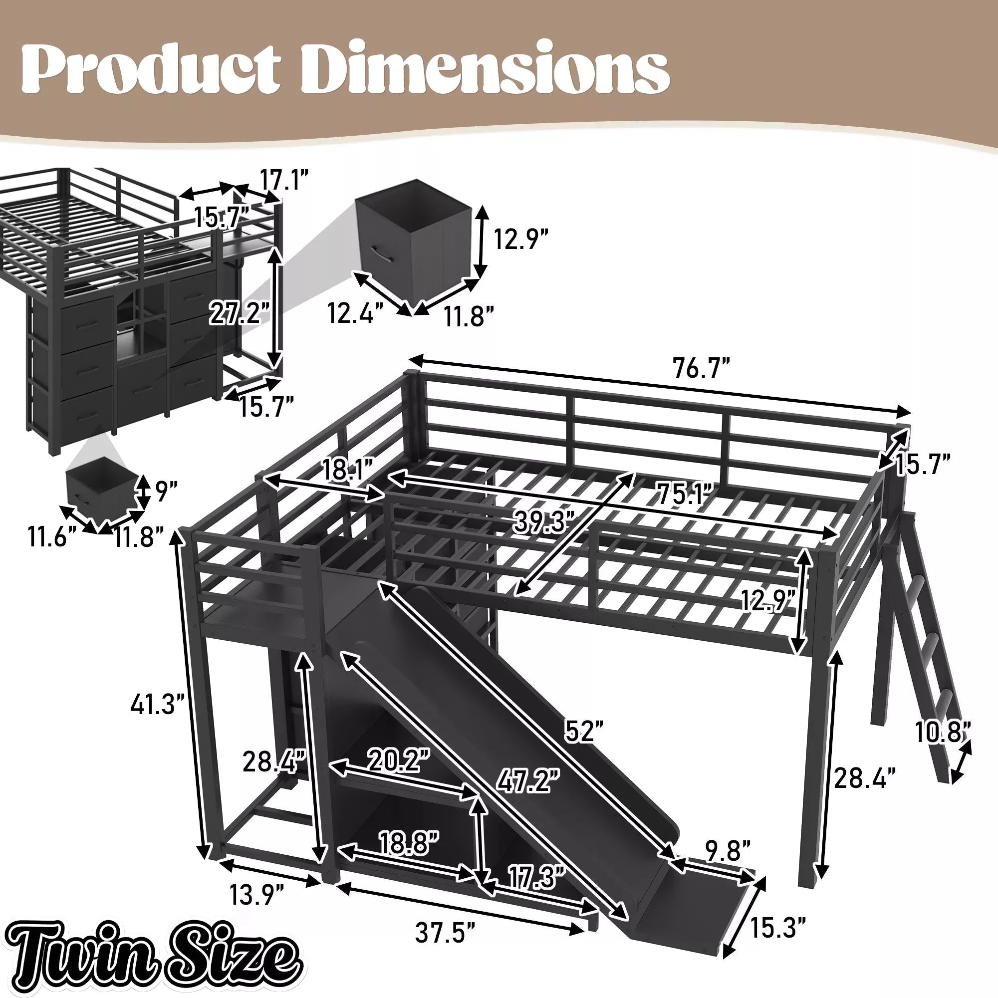 Bellemave® Twin Metal Loft Bed with Slide, 7 Drawers & LED Lights — Storage Shelves & Hanging Area for Kids - Bellemave