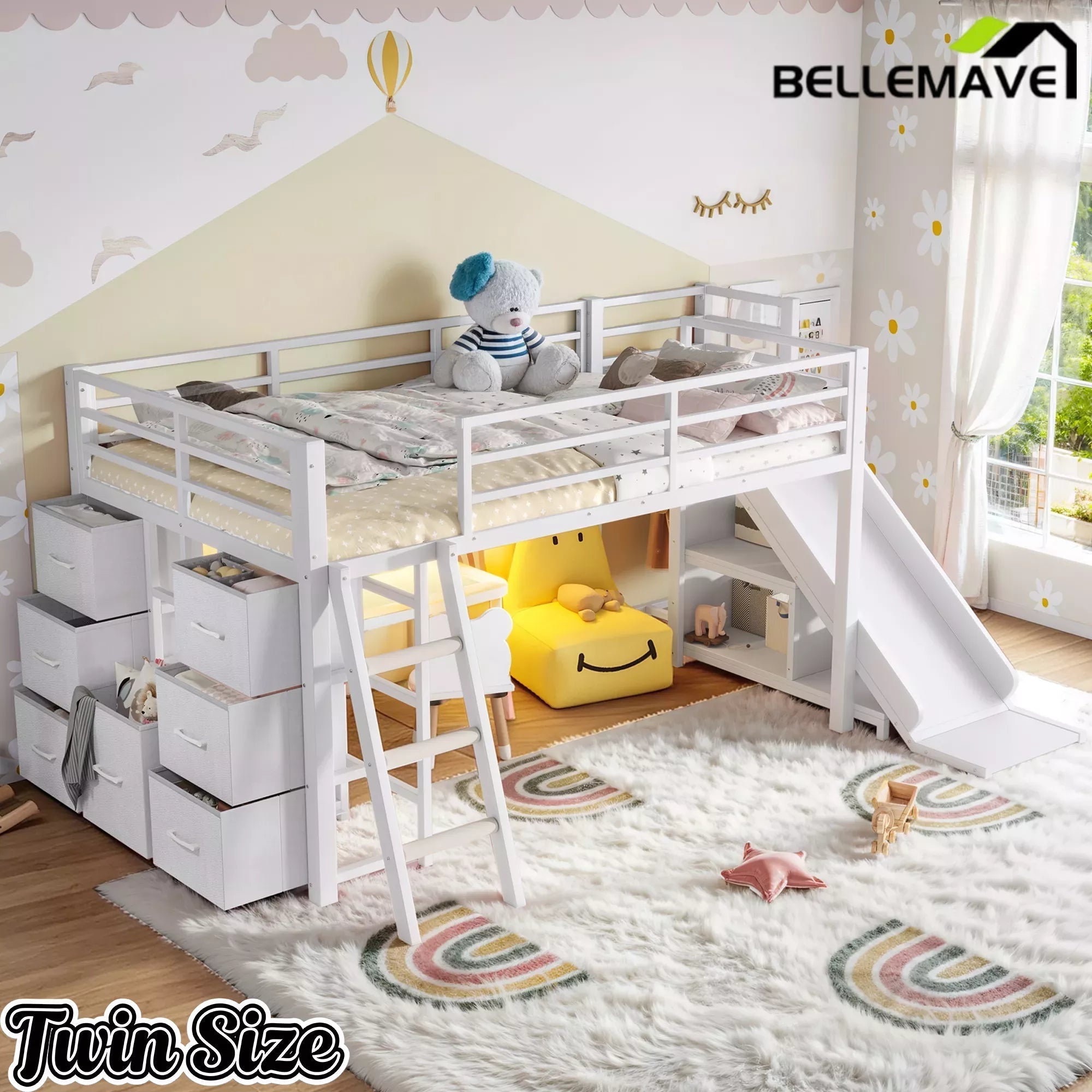 Bellemave® Twin Metal Loft Bed with Slide, 7 Drawers & LED Lights — Storage Shelves & Hanging Area for Kids - Bellemave