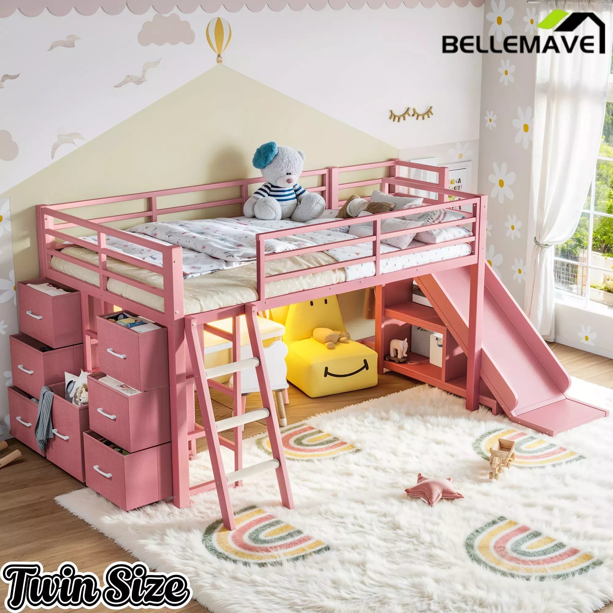 Bellemave® Twin Metal Loft Bed with Slide, 7 Drawers & LED Lights — Storage Shelves & Hanging Area for Kids - Bellemave