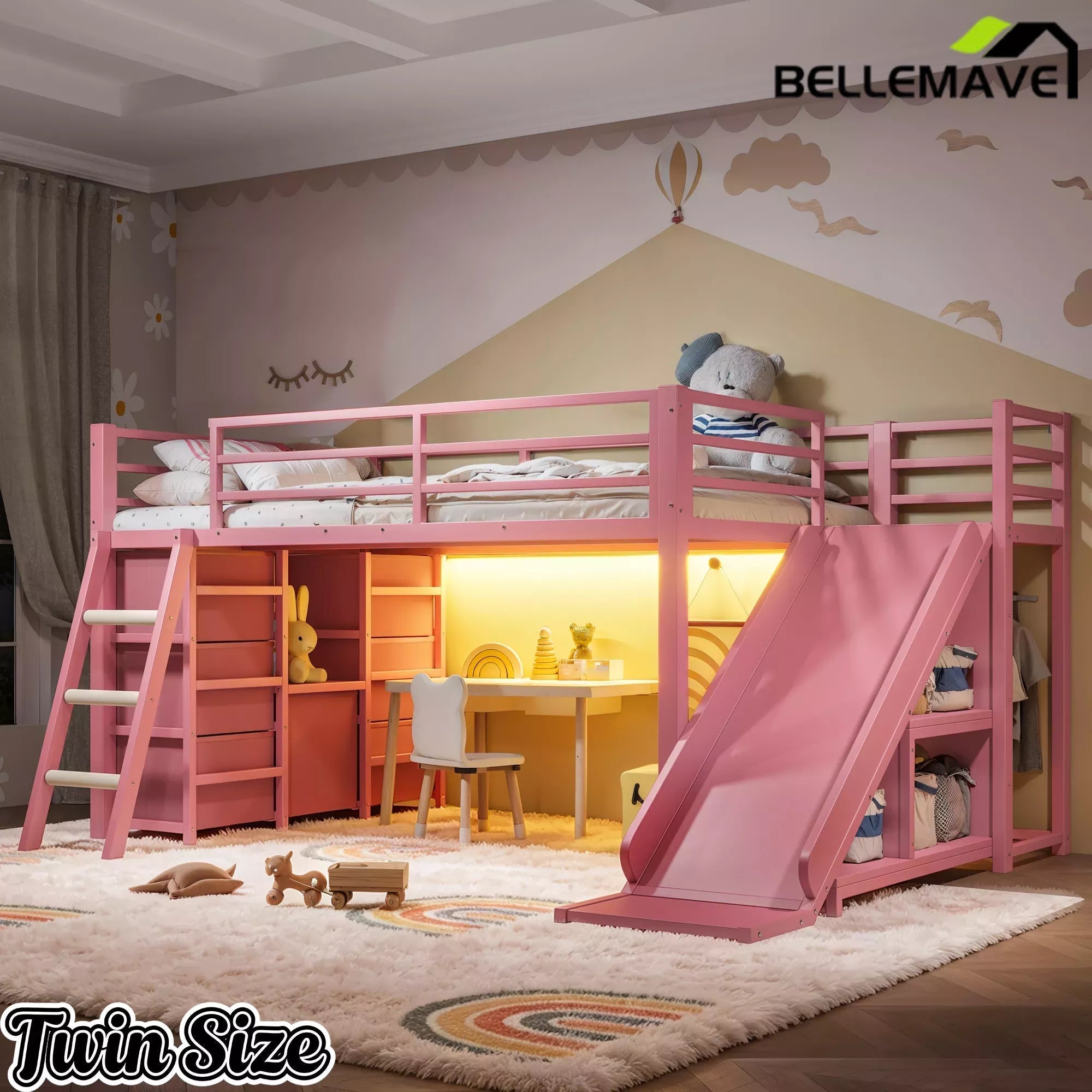 Bellemave® Twin Metal Loft Bed with Slide, 7 Drawers & LED Lights — Storage Shelves & Hanging Area for Kids - Bellemave