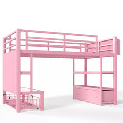 Twin metal loft bed with open storage shelves and drawer