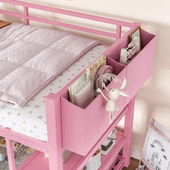 Twin low loft bed with built in bookshelf and storage bag