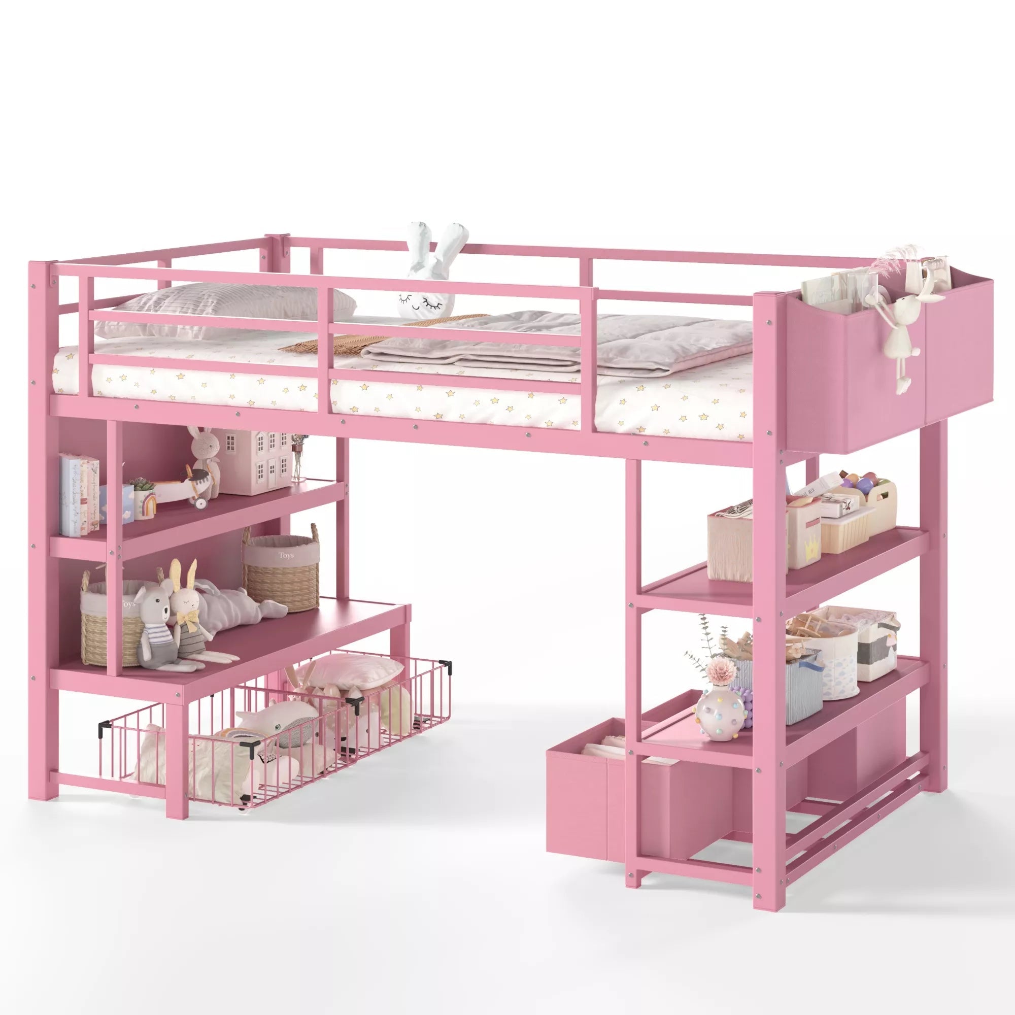 Twin metal low loft bed side view with storage drawer