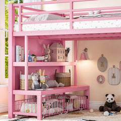 Kids twin metal loft bed with organized storage space