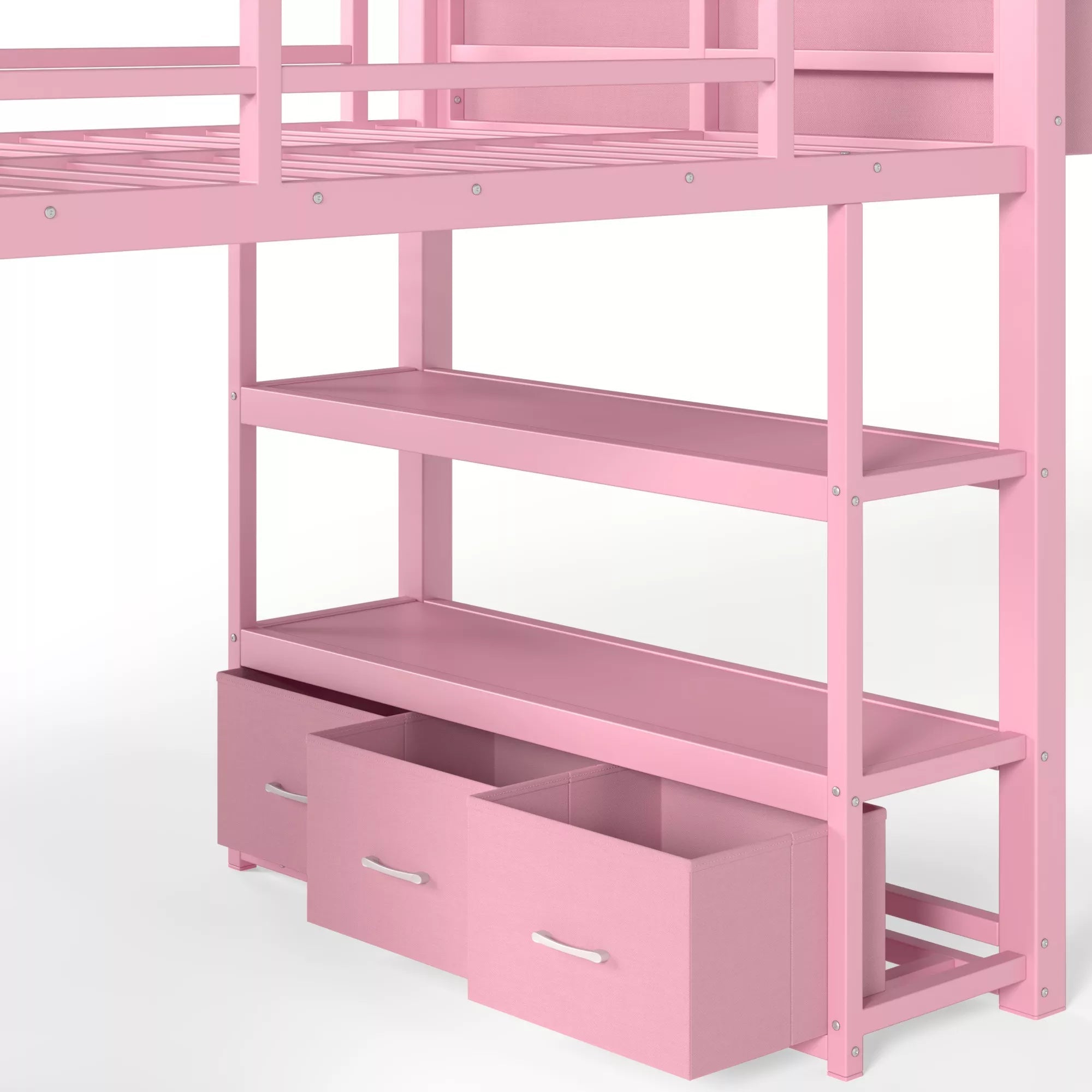 Low loft bed frame with bookshelf and under bed storage