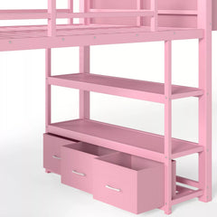 Low loft bed frame with bookshelf and under bed storage