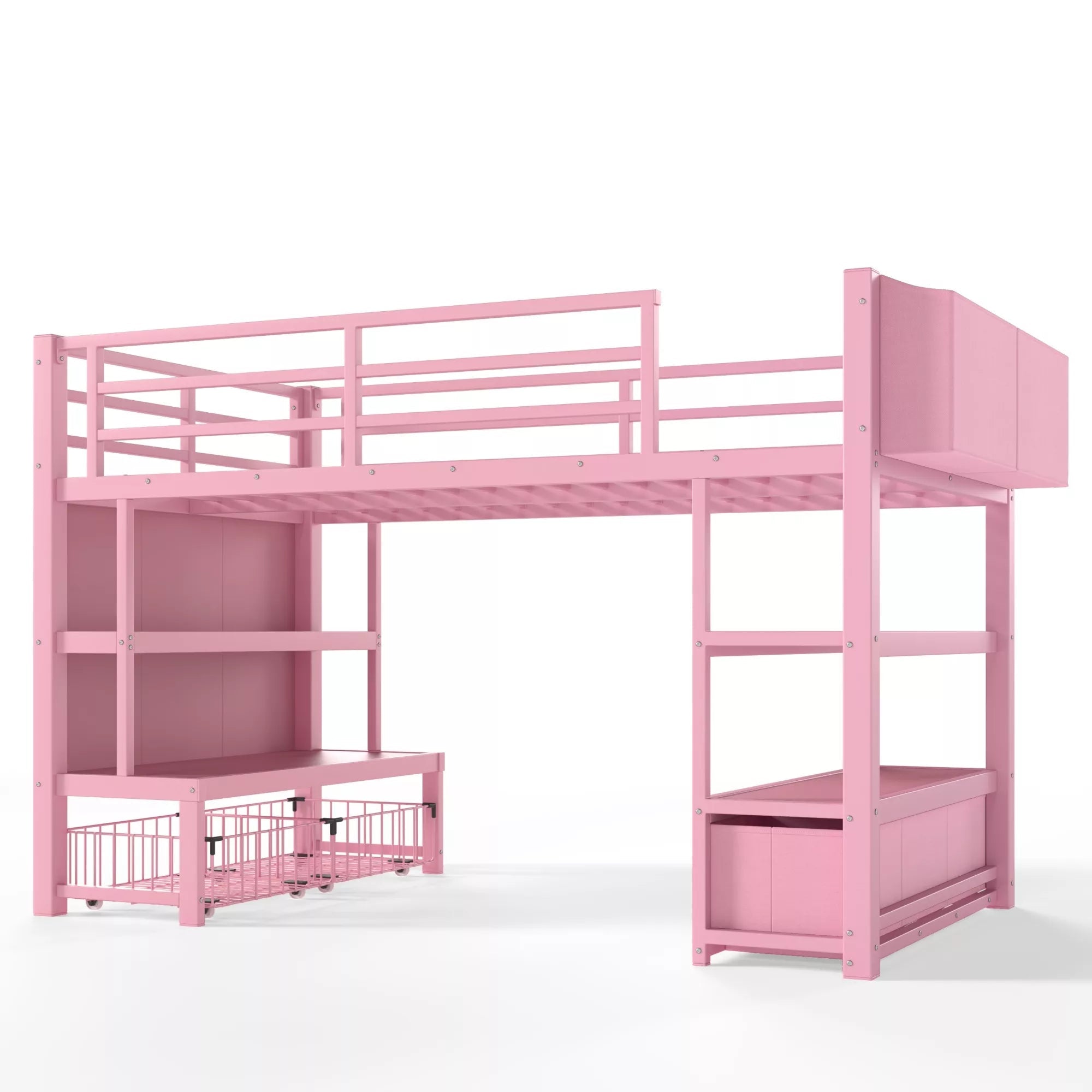 Metal low loft bed with bookshelf and storage drawer design