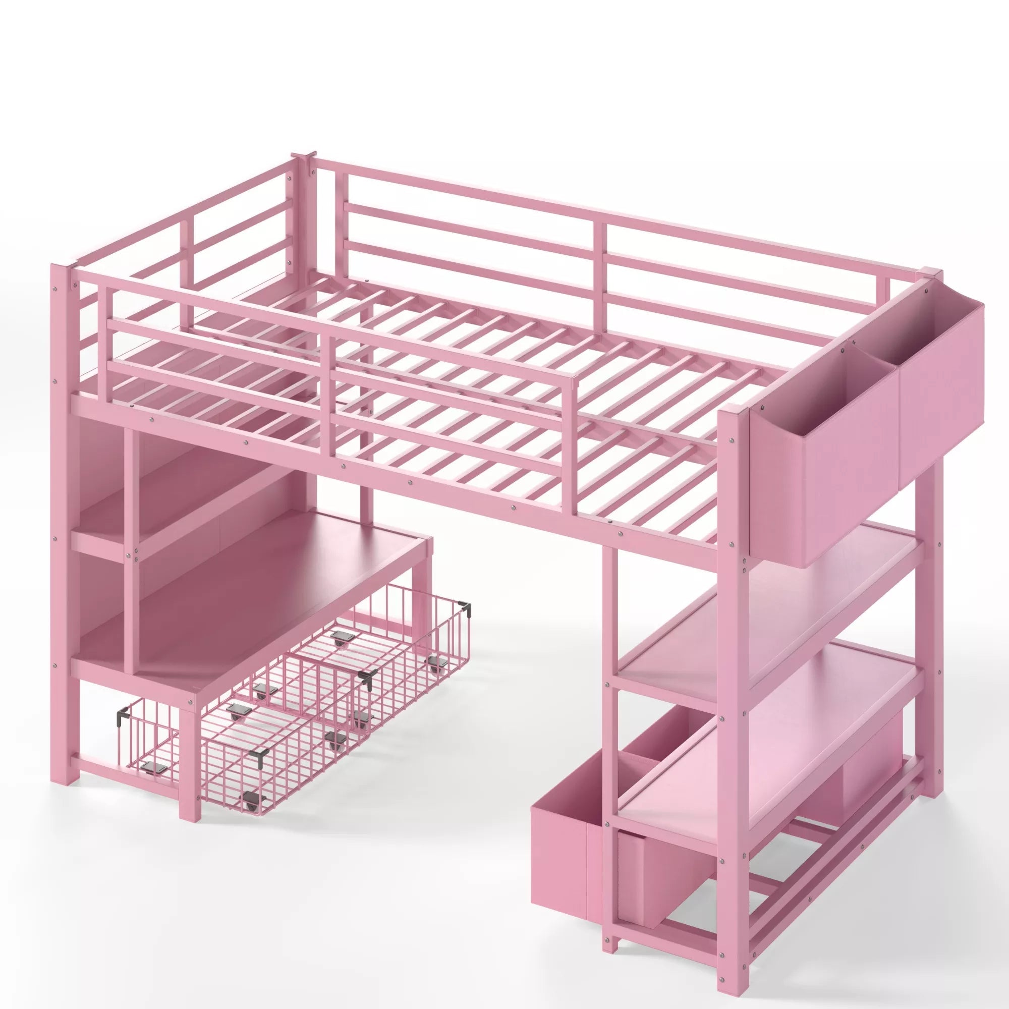 Pink twin low loft bed frame with built in storage space