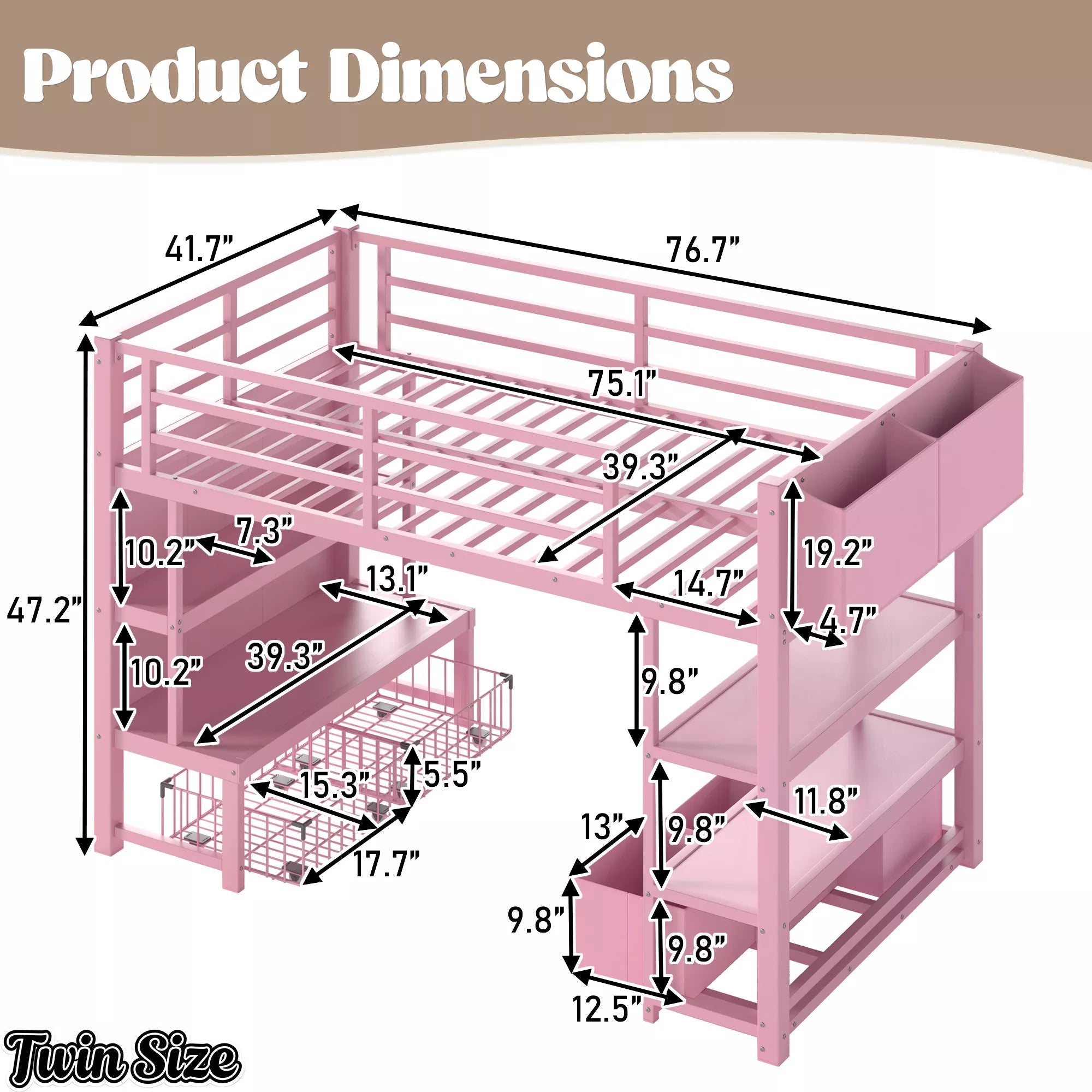 Twin size metal low loft bed product dimensions