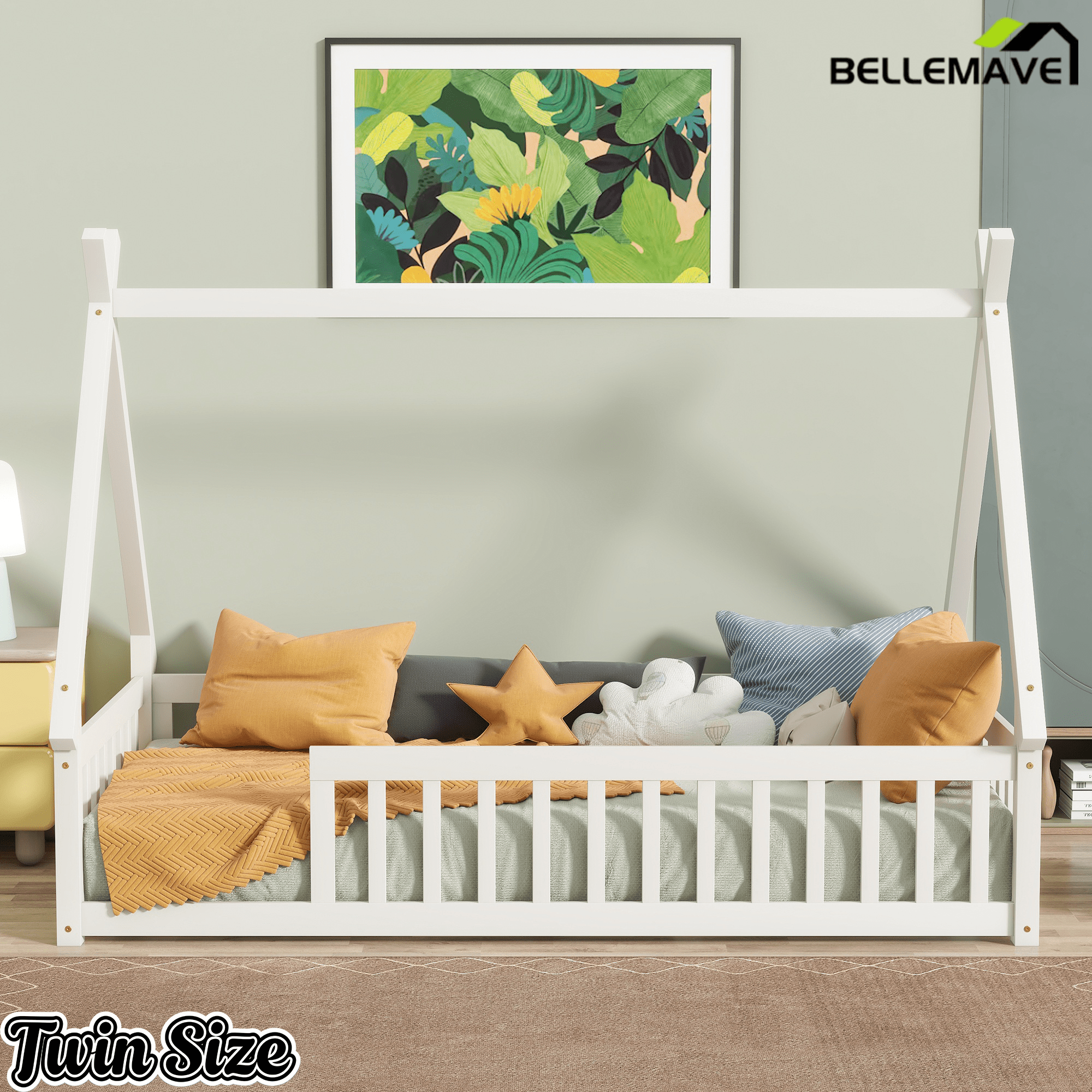 Bellemave® Twin Montessori Floor Bed with House Frame, Wooden Tent Bed for Kids Girls Boys - Bellemave