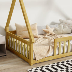 Bellemave® Twin Montessori Floor Bed with House Frame, Wooden Tent Bed for Kids Girls Boys - Bellemave