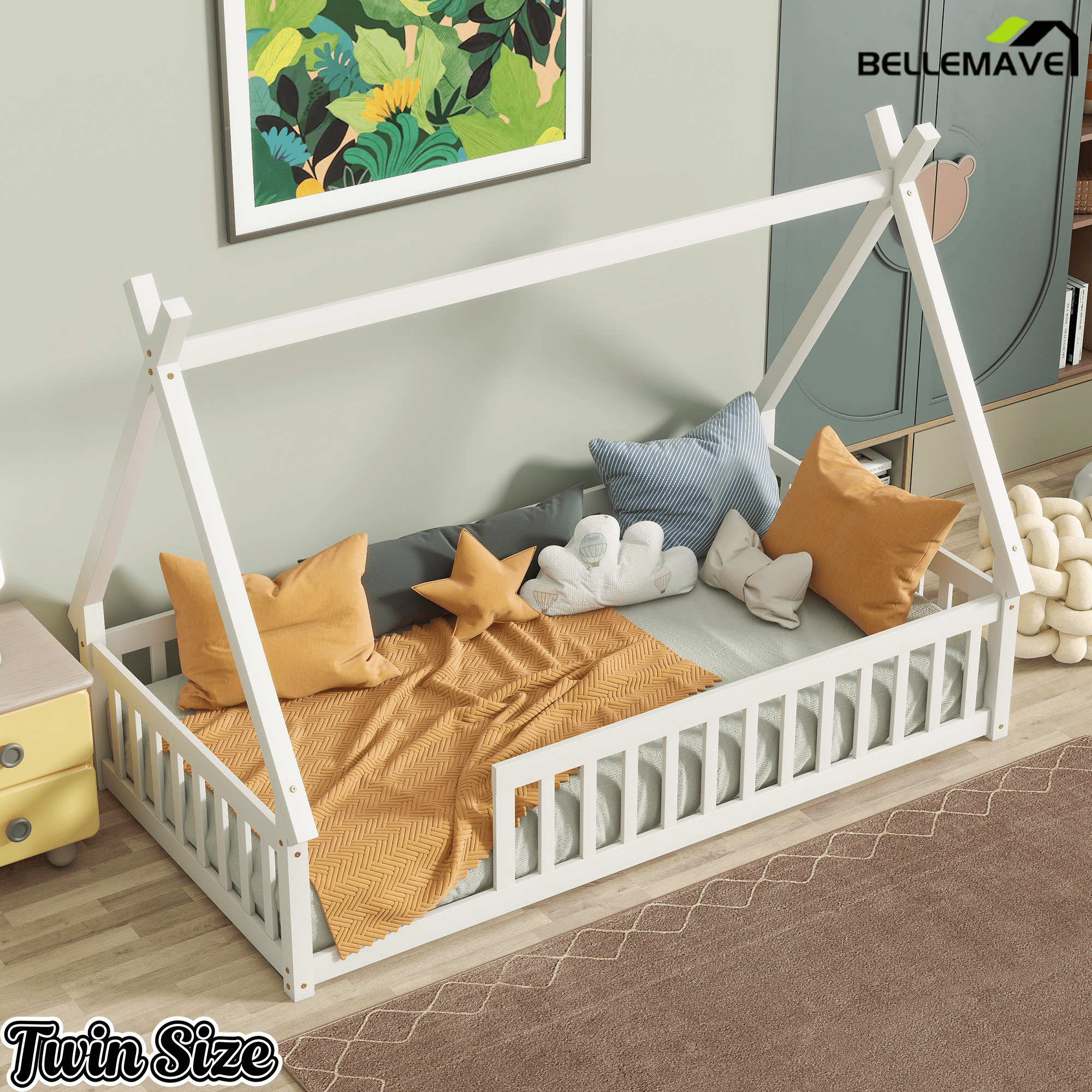 Bellemave® Twin Montessori Floor Bed with House Frame, Wooden Tent Bed for Kids Girls Boys - Bellemave