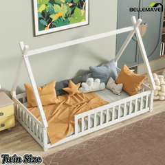 Bellemave® Twin Montessori Floor Bed with House Frame, Wooden Tent Bed for Kids Girls Boys - Bellemave