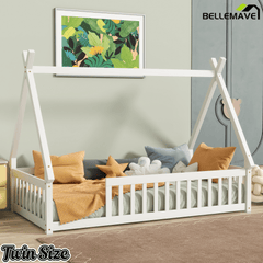 Bellemave® Twin Montessori Floor Bed with House Frame, Wooden Tent Bed for Kids Girls Boys - Bellemave