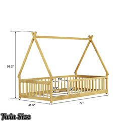 Bellemave® Twin Montessori Floor Bed with House Frame, Wooden Tent Bed for Kids Girls Boys - Bellemave