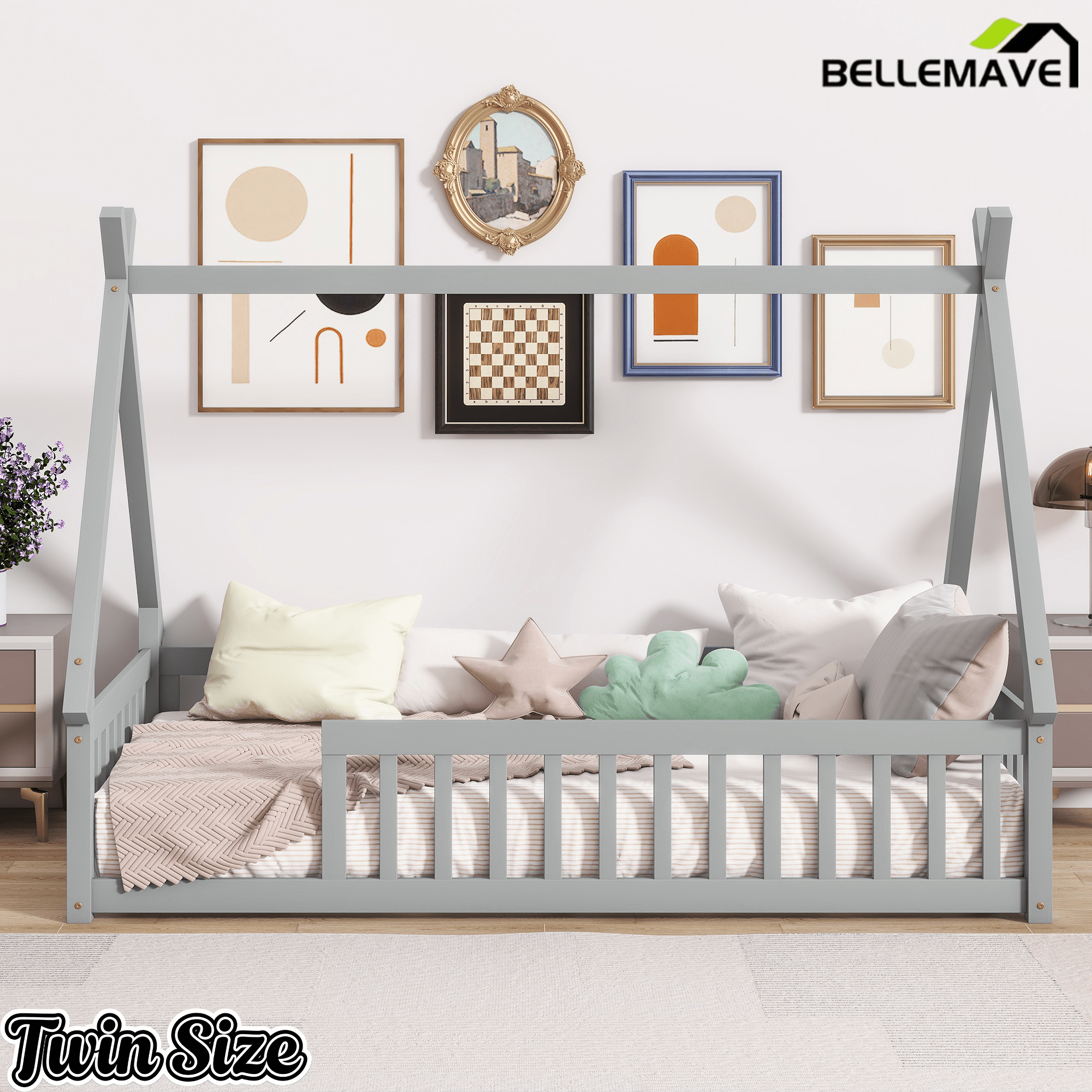 Bellemave® Twin Montessori Floor Bed with House Frame, Wooden Tent Bed for Kids Girls Boys - Bellemave