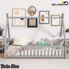 Bellemave® Twin Montessori Floor Bed with House Frame, Wooden Tent Bed for Kids Girls Boys - Bellemave