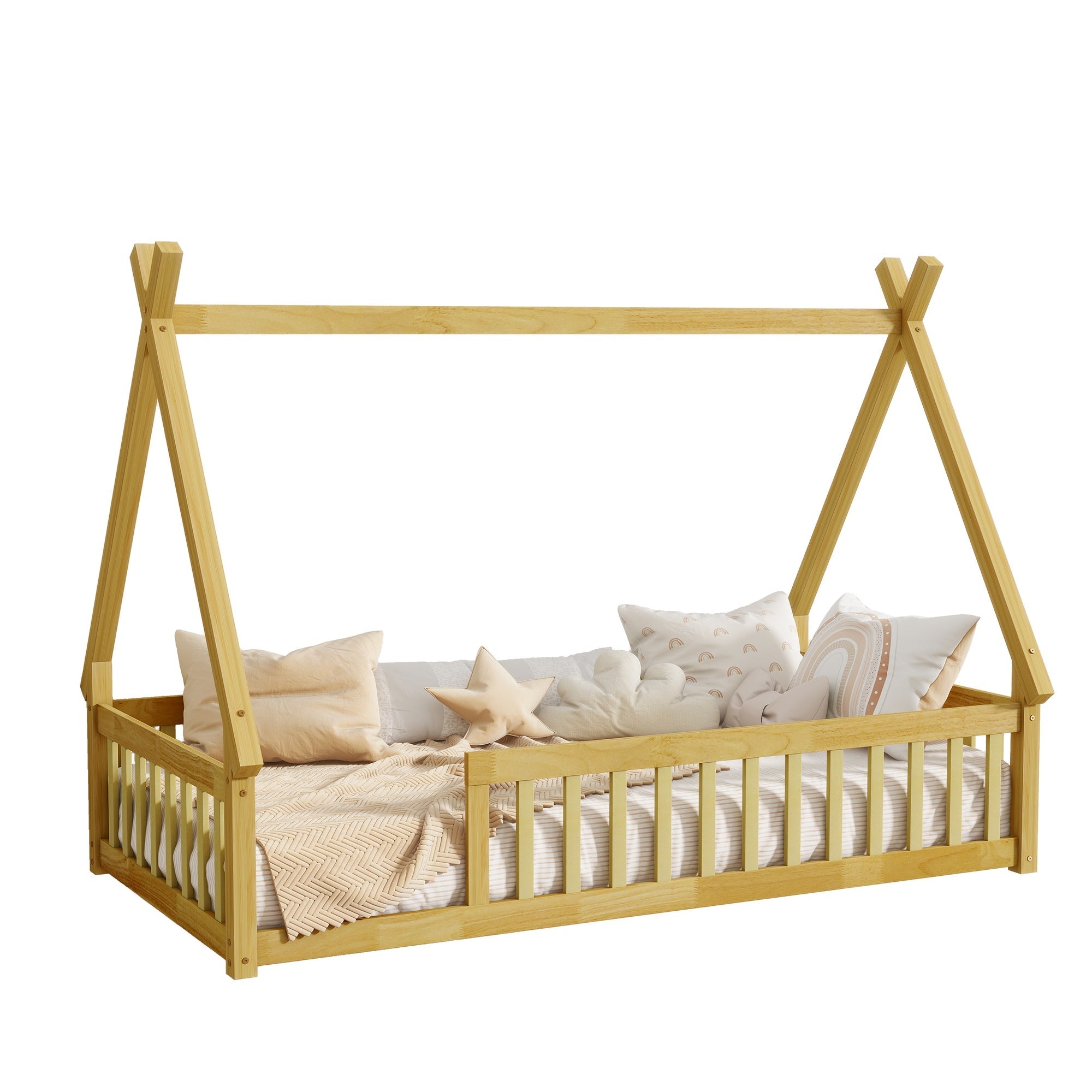 Bellemave® Twin Montessori Floor Bed with House Frame, Wooden Tent Bed for Kids Girls Boys - Bellemave