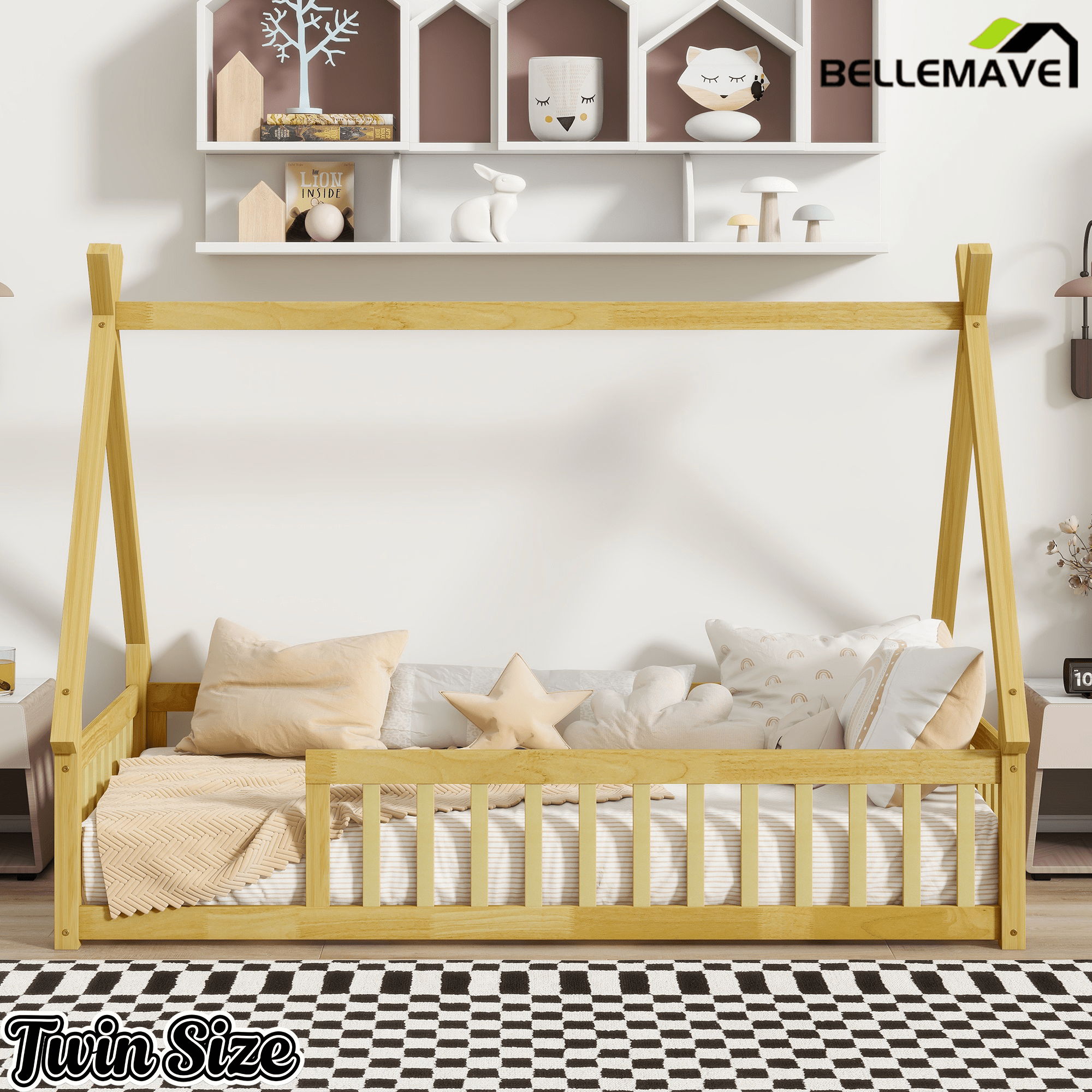 Bellemave® Twin Montessori Floor Bed with House Frame, Wooden Tent Bed for Kids Girls Boys - Bellemave