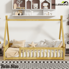 Bellemave® Twin Montessori Floor Bed with House Frame, Wooden Tent Bed for Kids Girls Boys - Bellemave