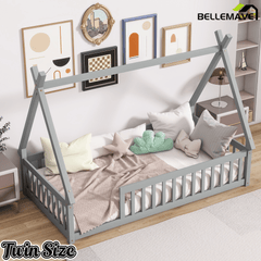 Bellemave® Twin Montessori Floor Bed with House Frame, Wooden Tent Bed for Kids Girls Boys - Bellemave