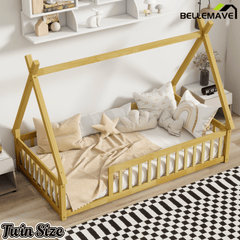 Bellemave® Twin Montessori Floor Bed with House Frame, Wooden Tent Bed for Kids Girls Boys - Bellemave
