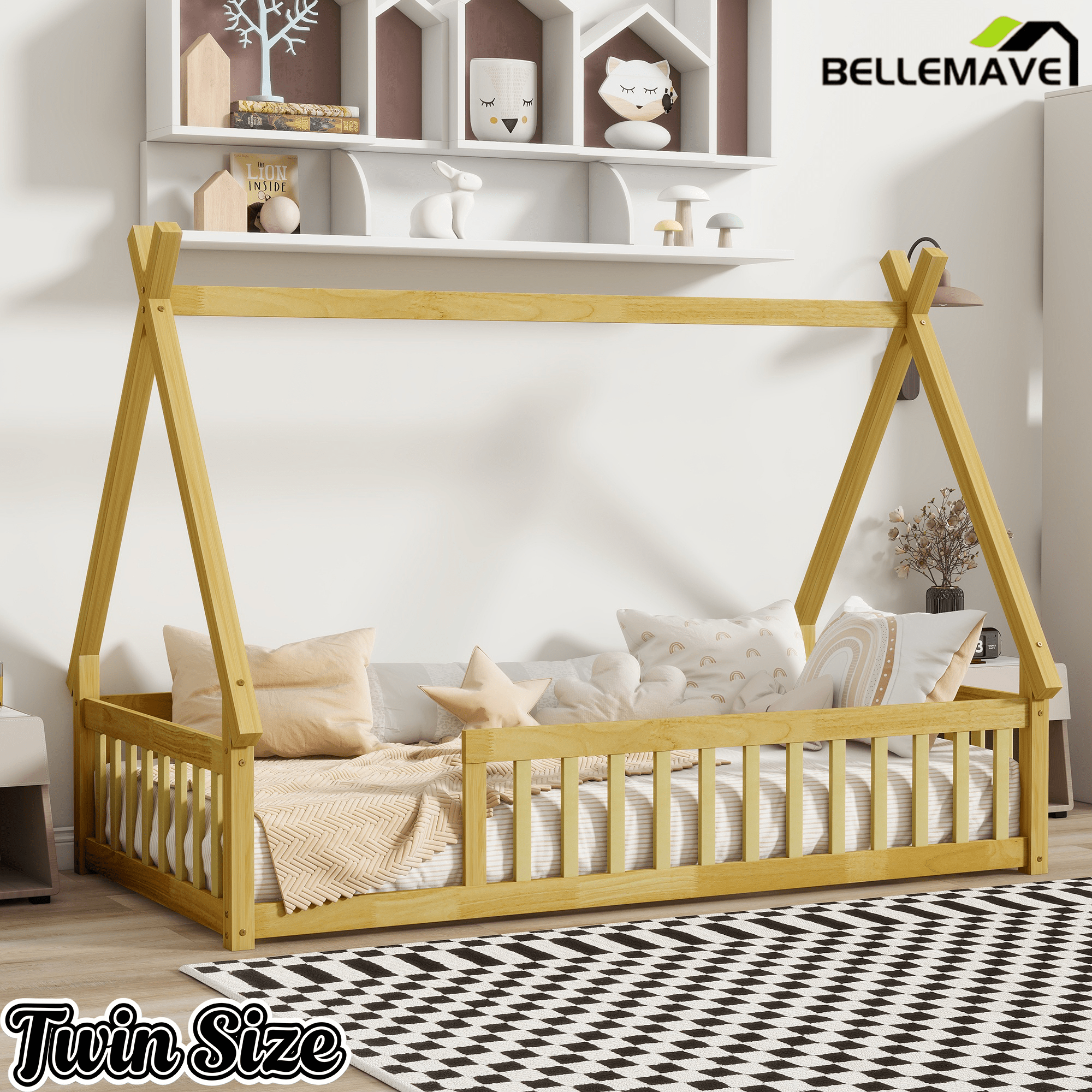 Bellemave® Twin Montessori Floor Bed with House Frame, Wooden Tent Bed for Kids Girls Boys - Bellemave