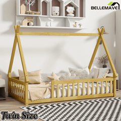 Bellemave® Twin Montessori Floor Bed with House Frame, Wooden Tent Bed for Kids Girls Boys - Bellemave