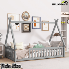 Bellemave® Twin Montessori Floor Bed with House Frame, Wooden Tent Bed for Kids Girls Boys - Bellemave