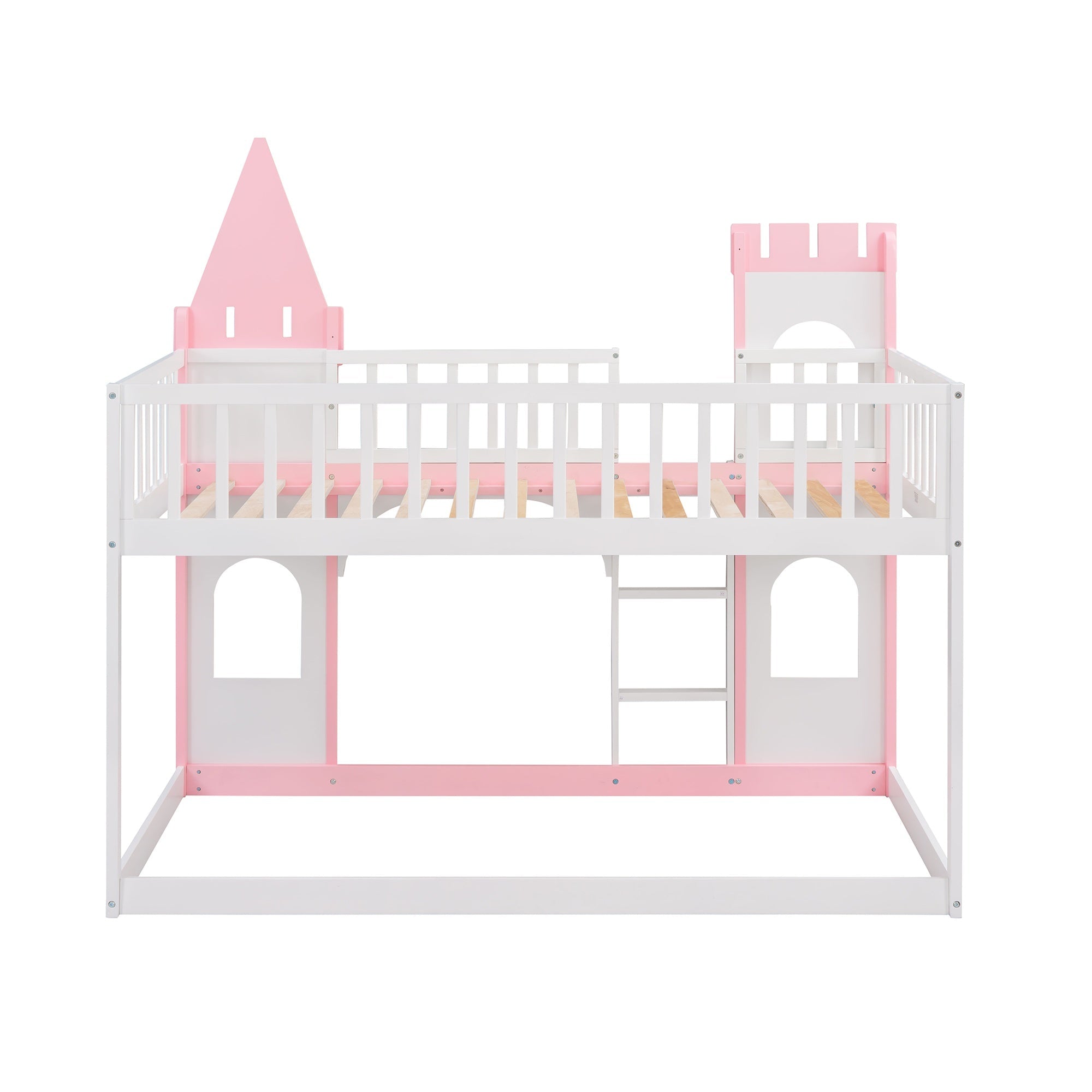 Bellemave® Twin Over Castle Bunk Bed Wood Low Floor with Ladder Playhouse Loft Beds for Kids Girls Boys Teens, Pink - Bellemave