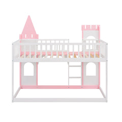 Bellemave® Twin Over Castle Bunk Bed Wood Low Floor with Ladder Playhouse Loft Beds for Kids Girls Boys Teens, Pink - Bellemave