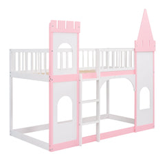 Bellemave® Twin Over Castle Bunk Bed Wood Low Floor with Ladder Playhouse Loft Beds for Kids Girls Boys Teens, Pink - Bellemave