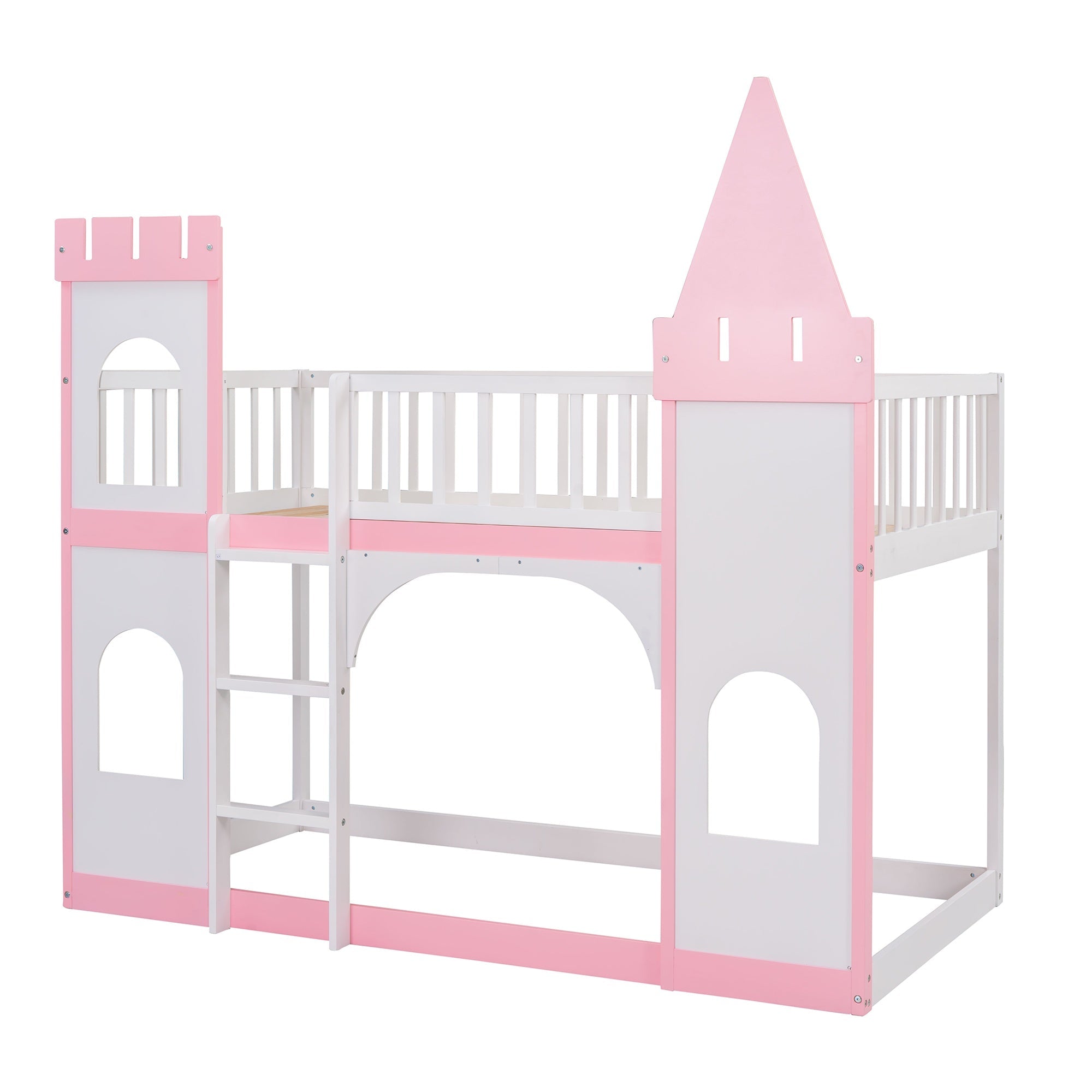 Bellemave® Twin Over Castle Bunk Bed Wood Low Floor with Ladder Playhouse Loft Beds for Kids Girls Boys Teens, Pink - Bellemave