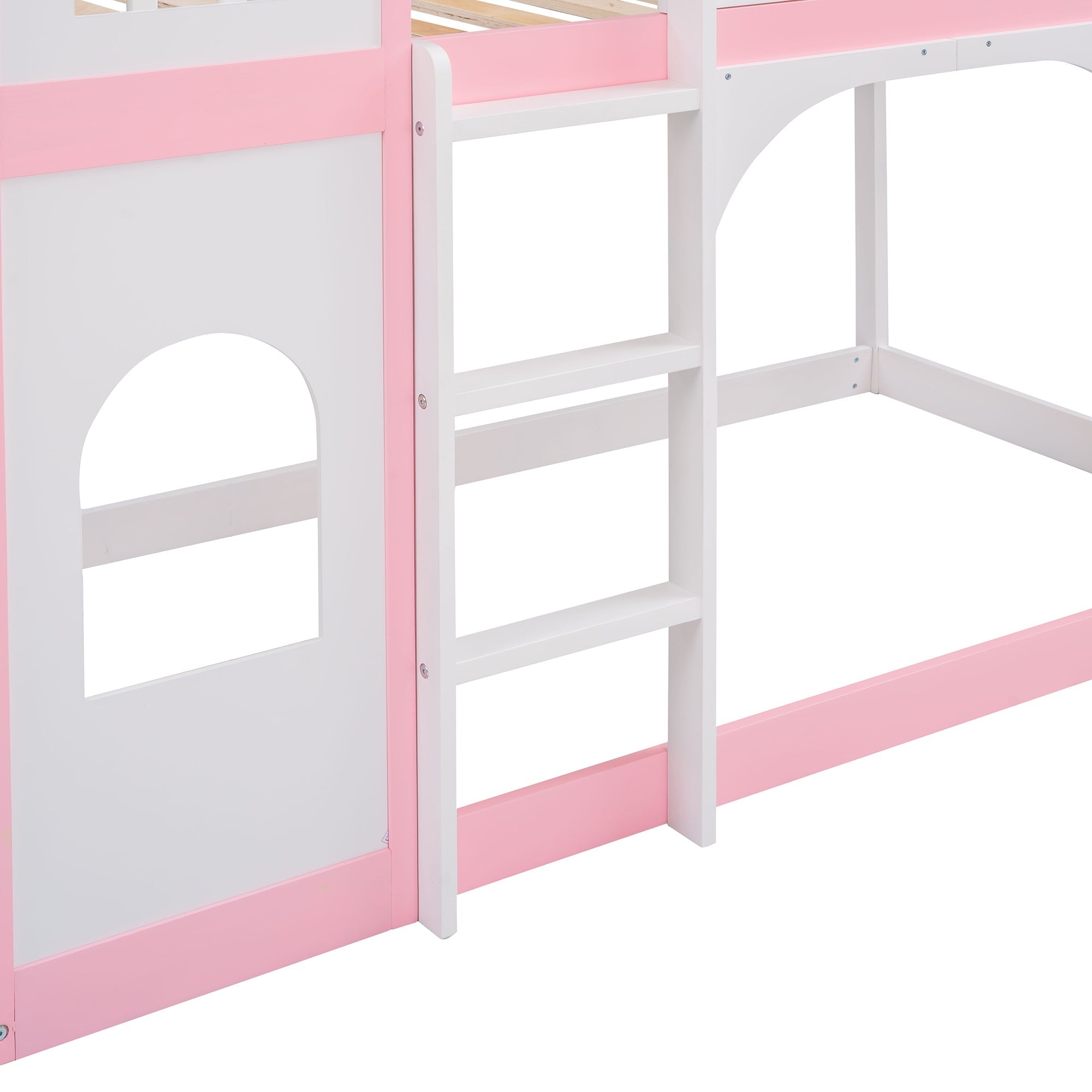 Bellemave® Twin Over Castle Bunk Bed Wood Low Floor with Ladder Playhouse Loft Beds for Kids Girls Boys Teens, Pink - Bellemave