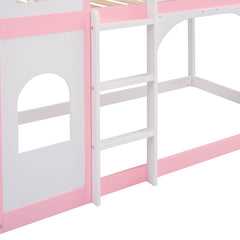 Bellemave® Twin Over Castle Bunk Bed Wood Low Floor with Ladder Playhouse Loft Beds for Kids Girls Boys Teens, Pink - Bellemave