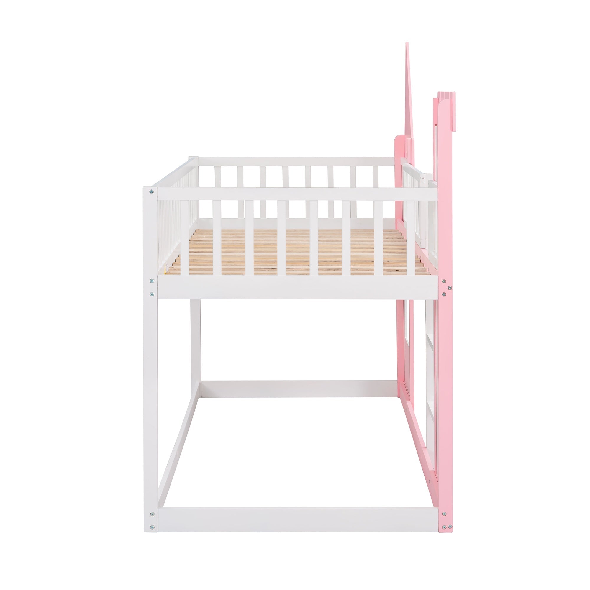 Bellemave® Twin Over Castle Bunk Bed Wood Low Floor with Ladder Playhouse Loft Beds for Kids Girls Boys Teens, Pink - Bellemave