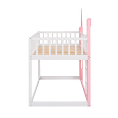 Bellemave® Twin Over Castle Bunk Bed Wood Low Floor with Ladder Playhouse Loft Beds for Kids Girls Boys Teens, Pink - Bellemave