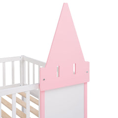 Bellemave® Twin Over Castle Bunk Bed Wood Low Floor with Ladder Playhouse Loft Beds for Kids Girls Boys Teens, Pink - Bellemave