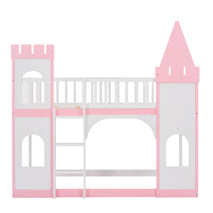 Bellemave® Twin Over Castle Bunk Bed Wood Low Floor with Ladder Playhouse Loft Beds for Kids Girls Boys Teens, Pink - Bellemave