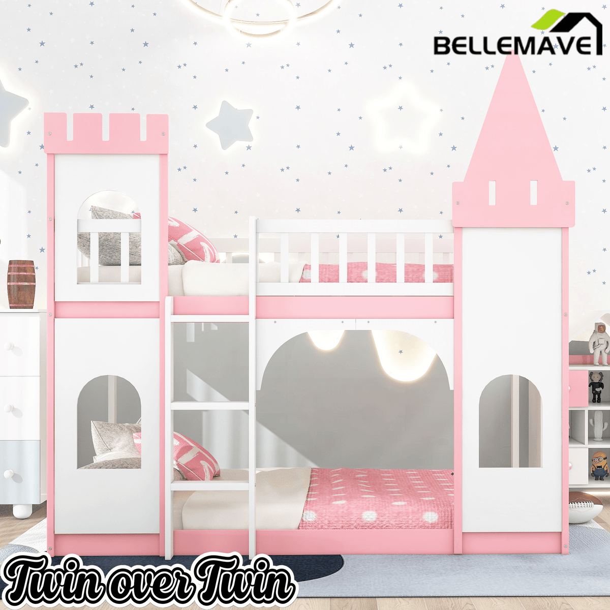 Bellemave® Twin Over Castle Bunk Bed Wood Low Floor with Ladder Playhouse Loft Beds for Kids Girls Boys Teens, Pink - Bellemave