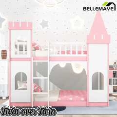 Bellemave® Twin Over Castle Bunk Bed Wood Low Floor with Ladder Playhouse Loft Beds for Kids Girls Boys Teens, Pink - Bellemave