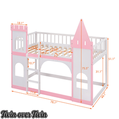 Bellemave® Twin Over Castle Bunk Bed Wood Low Floor with Ladder Playhouse Loft Beds for Kids Girls Boys Teens, Pink - Bellemave