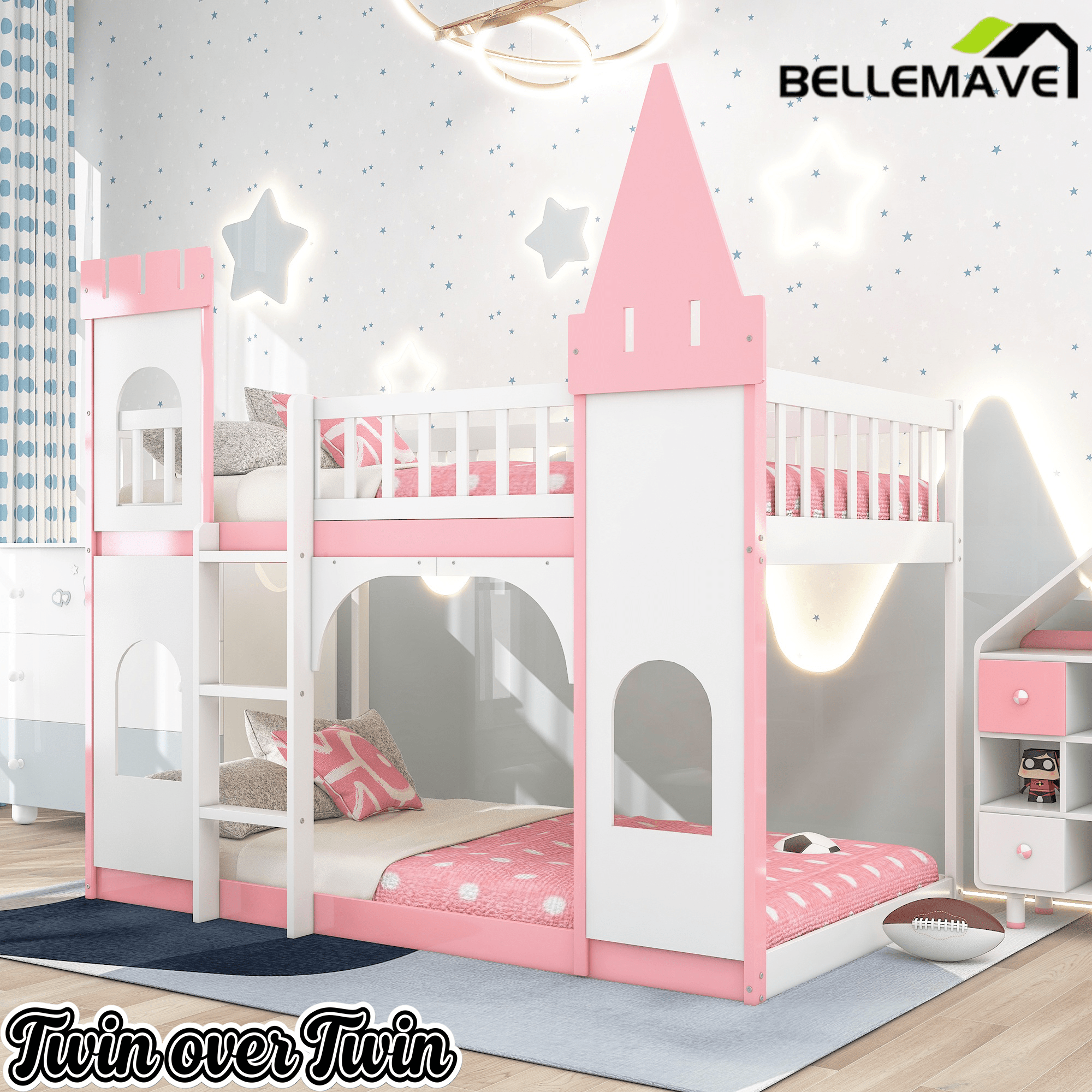 Bellemave® Twin Over Castle Bunk Bed Wood Low Floor with Ladder Playhouse Loft Beds for Kids Girls Boys Teens, Pink - Bellemave