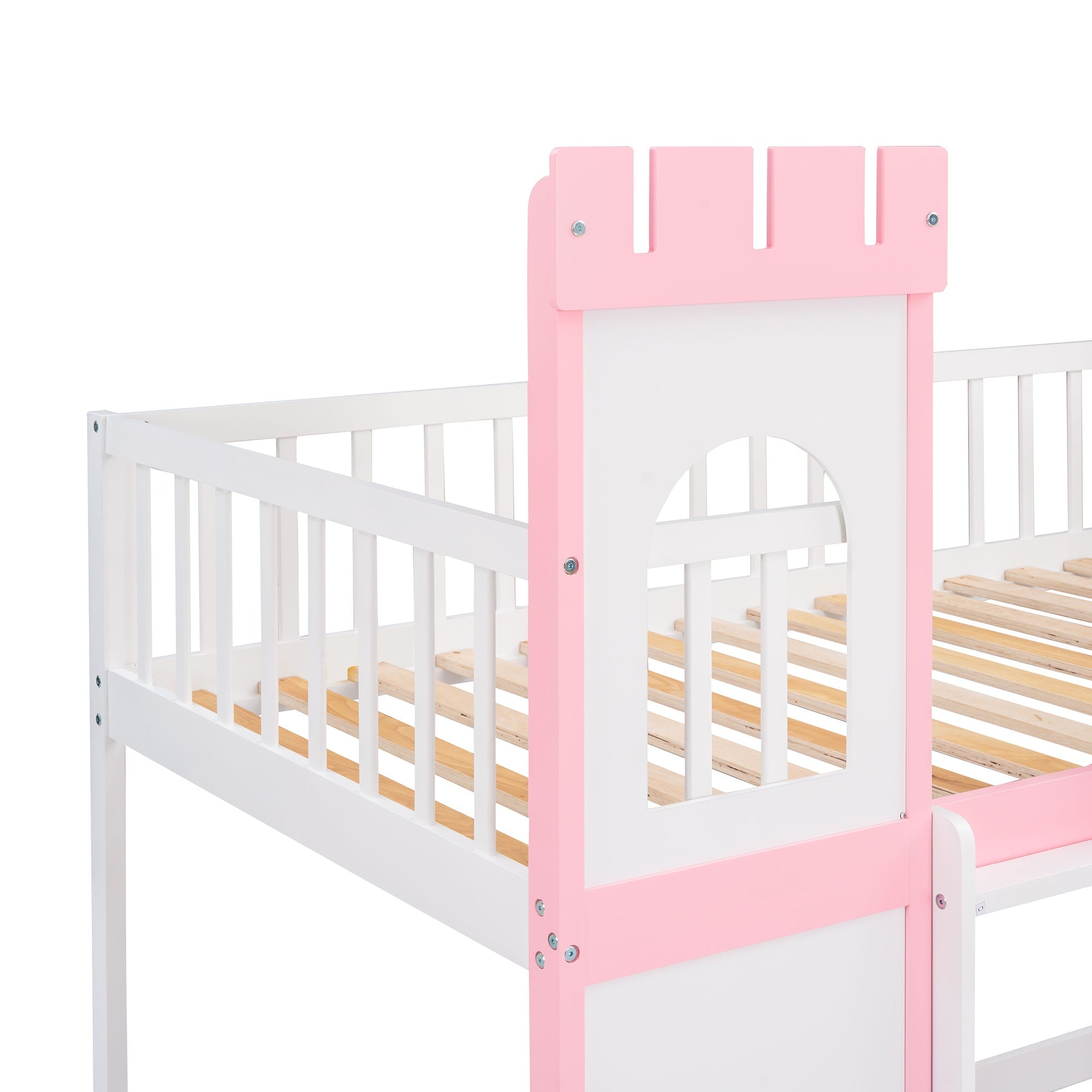 Bellemave® Twin Over Castle Bunk Bed Wood Low Floor with Ladder Playhouse Loft Beds for Kids Girls Boys Teens, Pink - Bellemave
